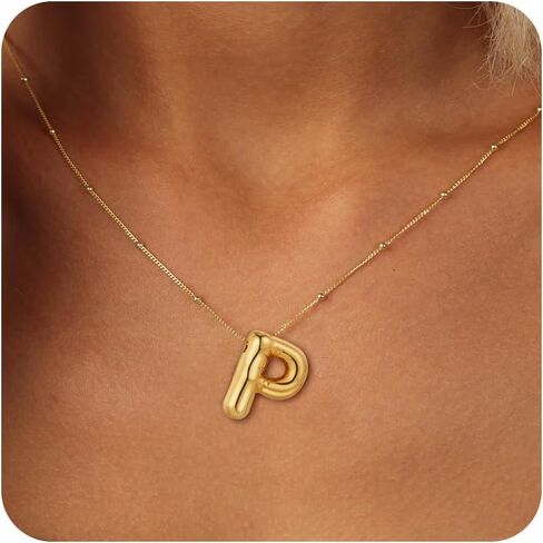 Baylay Bubble Letter Necklace Gold ، 18K Gold Plated Balloon Letter Necklace الأولي Dainty A-Z قلادة فقاعة الذهب قلادة للنساء المجوهرات in Saudi Arabia