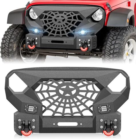 JK Front Pumper Grille Grille Guard متوافق مع 2007-2018 Jeep Wrangler JK JKU Unlimited 2/4 Doors مع صفيحة Winch ، 2 × مصابيح LED ، حلقات D ، مصد من الصلب على الطرق الوعرة in Saudi Arabia