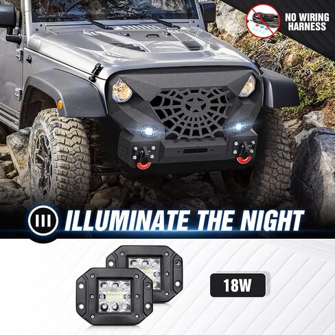 JK Front Pumper Grille Grille Guard متوافق مع 2007-2018 Jeep Wrangler JK JKU Unlimited 2/4 Doors مع صفيحة Winch ، 2 × مصابيح LED ، حلقات D ، مصد من الصلب على الطرق الوعرة in Saudi Arabia