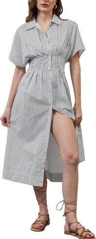 Missactiver Button Front Pront Pleate Dress for Women Summer Summer Stripled Sleeve Lapel v Neck Corset Maxi Dress in Kuwait