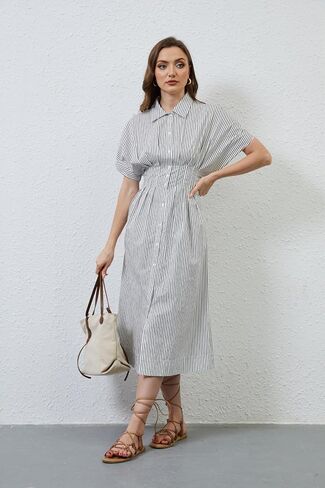Missactiver Button Front Pront Pleate Dress for Women Summer Summer Stripled Sleeve Lapel v Neck Corset Maxi Dress in Kuwait