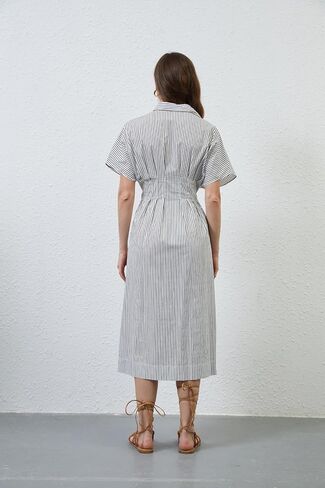 Missactiver Button Front Pront Pleate Dress for Women Summer Summer Stripled Sleeve Lapel v Neck Corset Maxi Dress in Kuwait
