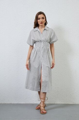Missactiver Button Front Pront Pleate Dress for Women Summer Summer Stripled Sleeve Lapel v Neck Corset Maxi Dress in Kuwait