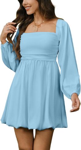 HYPERFIRE Women's Square Neck Pleated Long Sleeve Mini Dress Smocked A Lind Bubble Wedding Dresses in Saudi Arabia