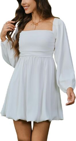 HYPERFIRE Women's Square Neck Pleated Long Sleeve Mini Dress Smocked A Lind Bubble Wedding Dresses in Saudi Arabia