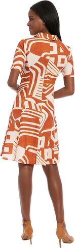 London Times Women's Button-Down Collared Shirt Short Sleeve Knee Length A-line Silhouette-Geometric Print Casual Dress in Saudi Arabia