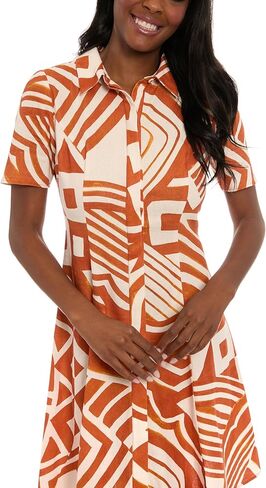 London Times Women's Button-Down Collared Shirt Short Sleeve Knee Length A-line Silhouette-Geometric Print Casual Dress in Saudi Arabia
