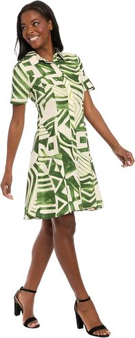 London Times Women's Button-Down Collared Shirt Short Sleeve Knee Length A-line Silhouette-Geometric Print Casual Dress in Saudi Arabia