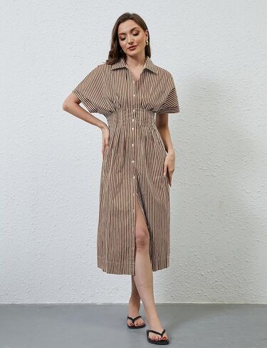 Missactiver Button Front Pront Pleate Dress for Women Summer Summer Stripled Sleeve Lapel v Neck Corset Maxi Dress in Kuwait