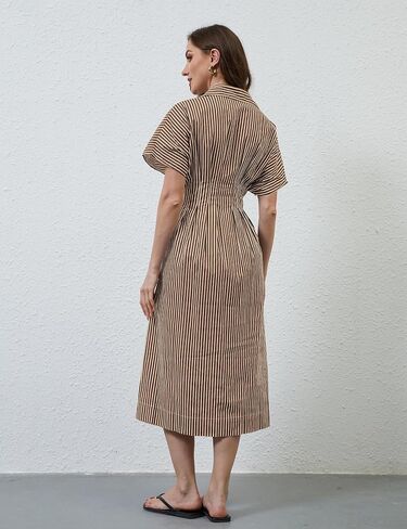 Missactiver Button Front Pront Pleate Dress for Women Summer Summer Stripled Sleeve Lapel v Neck Corset Maxi Dress in Kuwait