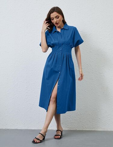 Missactiver Button Front Pront Pleate Dress for Women Summer Summer Stripled Sleeve Lapel v Neck Corset Maxi Dress in Kuwait