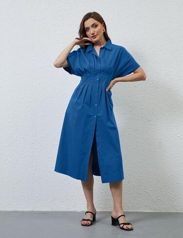 Missactiver Button Front Pront Pleate Dress for Women Summer Summer Stripled Sleeve Lapel v Neck Corset Maxi Dress in Kuwait