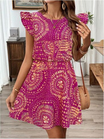SOLY HUX Women's Boho Print Tie Back Mini Dress Ruffle Cap Sleeve Crew Neck Vacation Dresses in Saudi Arabia