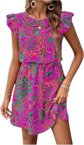 SOLY HUX Women's Boho Print Tie Back Mini Dress Ruffle Cap Sleeve Crew Neck Vacation Dresses in Saudi Arabia