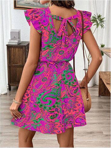 SOLY HUX Women's Boho Print Tie Back Mini Dress Ruffle Cap Sleeve Crew Neck Vacation Dresses in Saudi Arabia