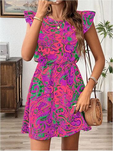 SOLY HUX Women's Boho Print Tie Back Mini Dress Ruffle Cap Sleeve Crew Neck Vacation Dresses in Saudi Arabia
