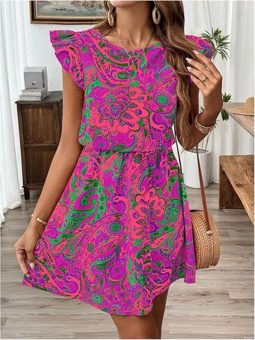SOLY HUX Women's Boho Print Tie Back Mini Dress Ruffle Cap Sleeve Crew Neck Vacation Dresses in Saudi Arabia