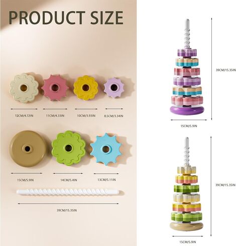 Spinning Stacker Toy for Toddlers 1-3,Rainbow Stacking Rings,Gear Spinning Toys,Sit and Spin Stacking Toy, Montessor Sensory & Autism Fine Motor Skills Toys for Babies 6-12 Months, 16-Inch in Saudi Arabia