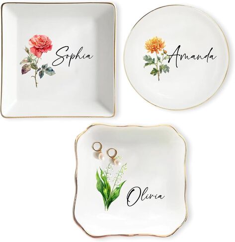 Custom Birth Flower Jewelry Dish – Personalized Name Ring Tray, Watercolor Floral Trinket Plate, Bridesmaid Wedding Gift, Birthday Keepsake Bowl Style 2 in Saudi Arabia