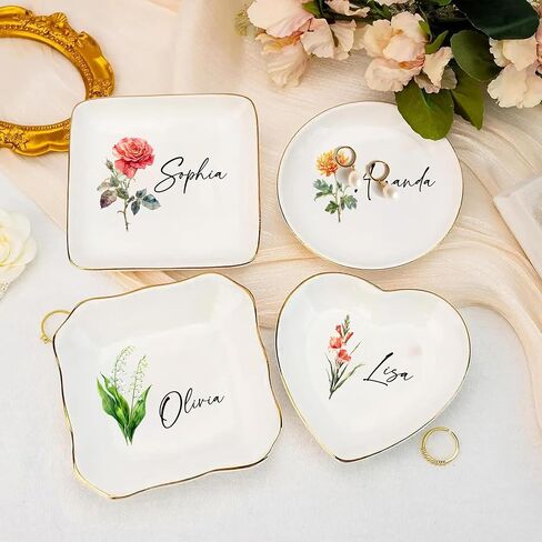Custom Birth Flower Jewelry Dish – Personalized Name Ring Tray, Watercolor Floral Trinket Plate, Bridesmaid Wedding Gift, Birthday Keepsake Bowl Style 2 in Saudi Arabia