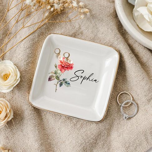 Custom Birth Flower Jewelry Dish – Personalized Name Ring Tray, Watercolor Floral Trinket Plate, Bridesmaid Wedding Gift, Birthday Keepsake Bowl Style 2 in Saudi Arabia