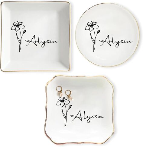 Custom Birth Flower Jewelry Dish – Personalized Name Ring Tray, Watercolor Floral Trinket Plate, Bridesmaid Wedding Gift, Birthday Keepsake Bowl Style 2 in Saudi Arabia
