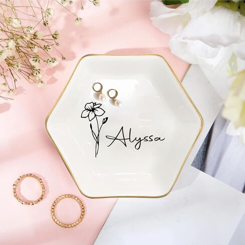 Custom Birth Flower Jewelry Dish – Personalized Name Ring Tray, Watercolor Floral Trinket Plate, Bridesmaid Wedding Gift, Birthday Keepsake Bowl Style 2 in Saudi Arabia