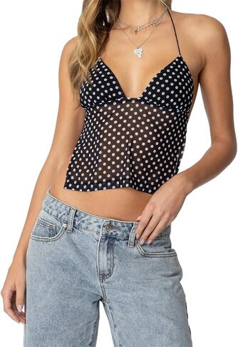 Women Y2K Polka Dot Cami Top V Neck Sexy Backless Sleeveless Spaghetti Strap Crop Tops with Scarf Streetwear in Saudi Arabia