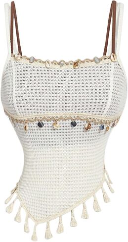 Makemechic Women's Boho Fringe Crochet adsymmetric cami tops shell shell spaghetti strap camisole camisole in Saudi Arabia