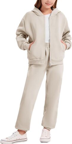Flygo Kids Fleece 2 قطعة عرقلة مجموعات التعرق الفتيات الفتيان الكامل هوديي الرمز البريدي ومسارات سروال العرق مع جيوب متعددة in Saudi Arabia
