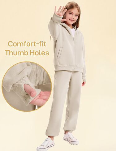 Flygo Kids Fleece 2 قطعة عرقلة مجموعات التعرق الفتيات الفتيان الكامل هوديي الرمز البريدي ومسارات سروال العرق مع جيوب متعددة in Saudi Arabia