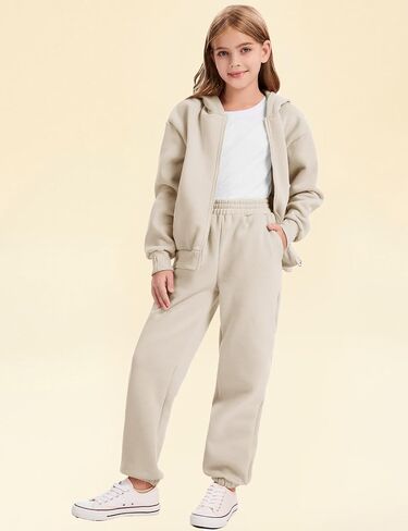 Flygo Kids Fleece 2 قطعة عرقلة مجموعات التعرق الفتيات الفتيان الكامل هوديي الرمز البريدي ومسارات سروال العرق مع جيوب متعددة in Saudi Arabia