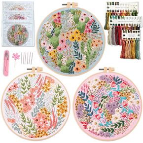 3 Pack Embroidery kit, Adult Embroidery Material Set with Cute Flowers and Plants Patterns. 3 Embroidery Clothes and Colors Threads. 1 Hoop. (Flowers-B)