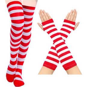 2 Pcs Christmas Striped Stockings Gloves High Knee Socks Long Arm Warmer Gloves Women Red White Striped Tights Pantyhose Hosiery Leggings Cosplay Costume Dress Up Birthday Halloween Party Supplies
