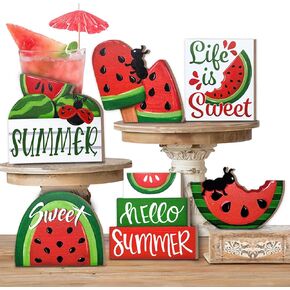 Summer Tiered Tray Decor, Red Green Watermelon Tray Decorations, Hello Summer Sweet Watermelon Popsicle Ant Wooden Signs, Farmhouse Rustic Summer Decorations for Home Table Shelf Mantel Party