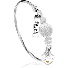 Faith Mustard Seed Jewelry Saint Benedict Medal Bangle Bracelet Stainless Steel CSPB Cross Bracelet Inspirational Christian Religious Gifts