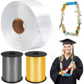 Candy Lei Poly Tubing, 2 Inch x 1000 ft Clear Graduation Candy Lei Making Kit with 2 Rolls 500 yd Ribbon, Clear Shipping Poly Tubing for DIY Graduation Wreaths Packing Snacks