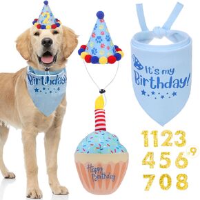 Dog Birthday Bandana with Hat and Cake Puppy Squeaky Toy, Dog Birthday Party Supplies Decorations Gift, Dog Birthday Hat Scarfs with Numbers for Boys Girls Small Medium Large Pets, Purple