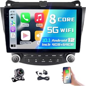 راديو ستيريو للسيارة 5G WiFi 8 Core لسيارة Honda Accord 7th 2003-2007، وحدة رأس شاشة تعمل باللمس IPS مع Apple Carplay Android Auto 48EQ Bluetooth WiFi MirrorLink SWC كاميرا احتياطية (10.1 بوصة 4G+64G)