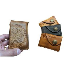 Mayan Calendar, Handmade Front Pocket Minimalist Card Case Slim Wallet, Aztec Calendar, Aztec Art, 3D Genuine Leather Handmade Cards Holder, Carved and Tooled wallet, Airbrush Art (Black)