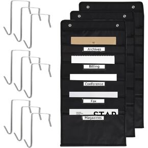 3PCS Hanging Wall File Organizer, 14" x 28" File Storage Pocket Chart with 15 Nametag Pockets, 6 Overdoor Hangers , Black Hanging Pocket Chart for Office and Classroom (15 Pockets)