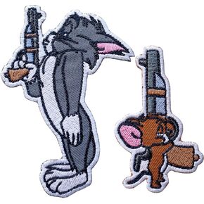 2 PCS Cat and Mouse with Guns Patch Iron on for Clothing Saw On/Iron On Embroidered Patch Applique for Jeans, Hats, Bags
