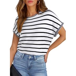 SHEWIN Women's Shirts Casual Crew Neck Cap Short Sleeve Striped Knit Lightweight Pullover Sweaters T Shirt Tops