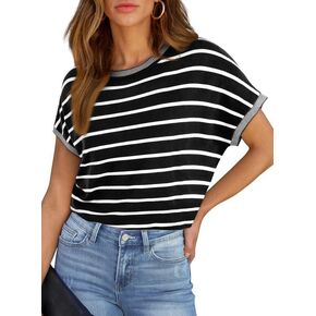 SHEWIN Women's Shirts Casual Crew Neck Cap Short Sleeve Striped Knit Lightweight Pullover Sweaters T Shirt Tops
