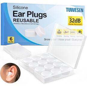 Reusable Ear Plugs, Silicone Ear Plugs for Sleeping, Waterproof Noise Cancelling Earplugs for Concerts, Swimming, Shooting, Snoring, Airplane, Motorcycle, NRR 32dB, 12 Pack