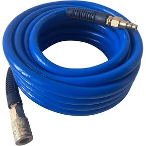 خرطوم هواء 3/8 بوصة × 100 قدم، PVC، خرطوم ضاغط هواء مقوى، شديد التحمل، مقاوم للالتواء مع تركيبات ذكر من النحاس الصلب مقاس 1/4 بوصة، مقيدات الانحناء، لجميع مرونة الطقس، 300 رطل لكل بوصة مربعة (100 قدم، أزرق)