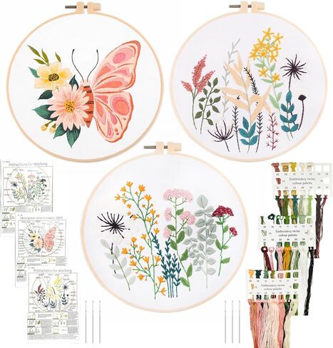 3 مجموعات من أدوات التطريز للمبتدئين البالغين، مجموعات غرز متقاطعة للبالغين مع زهور ونباتات الفراشة، مجموعات تطريز يدوية مع 3 قطع قماش للتطريز، 3 تعليمات، 3 أطواق تطريز، 6 إبر in Kuwait