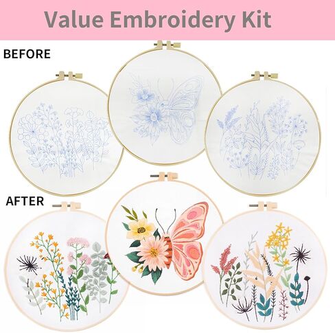 3 مجموعات من أدوات التطريز للمبتدئين البالغين، مجموعات غرز متقاطعة للبالغين مع زهور ونباتات الفراشة، مجموعات تطريز يدوية مع 3 قطع قماش للتطريز، 3 تعليمات، 3 أطواق تطريز، 6 إبر in Kuwait