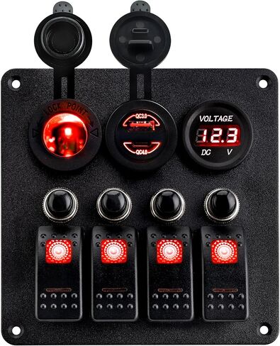 Young Marine Waterproof Marine Boat Rocker Switch Aluminum Panel 4 Gang with USB Slot Socket QC 3.0 and Type C QC 4.0 + Volt Meter Blue LED Light for Car Rv Vehicles Truck (Blue) in Kuwait
