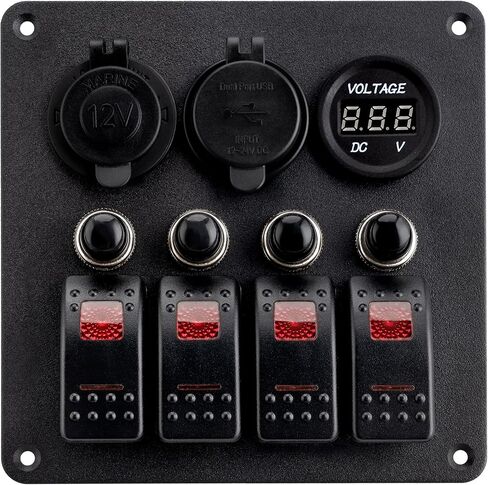 Young Marine Waterproof Marine Boat Rocker Switch Aluminum Panel 4 Gang with USB Slot Socket QC 3.0 and Type C QC 4.0 + Volt Meter Blue LED Light for Car Rv Vehicles Truck (Blue) in Kuwait